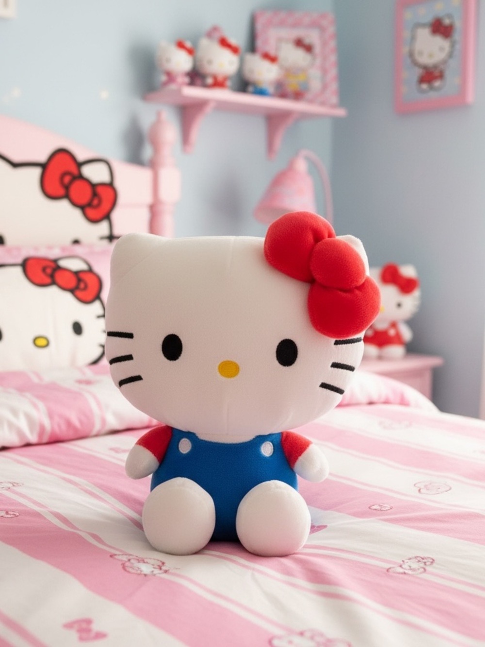 NWT Sanrio Hello Kitty Classic Plush Stuffed Animal Blue Overalls Red Bow